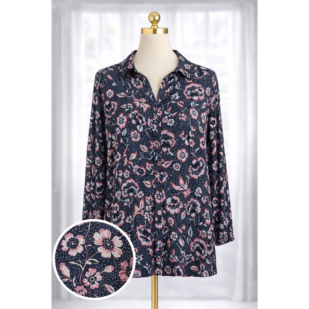 J. Jill Pink Floral Print Button Down Long Line Tunic Top‎ Lightweight Flowy 2X